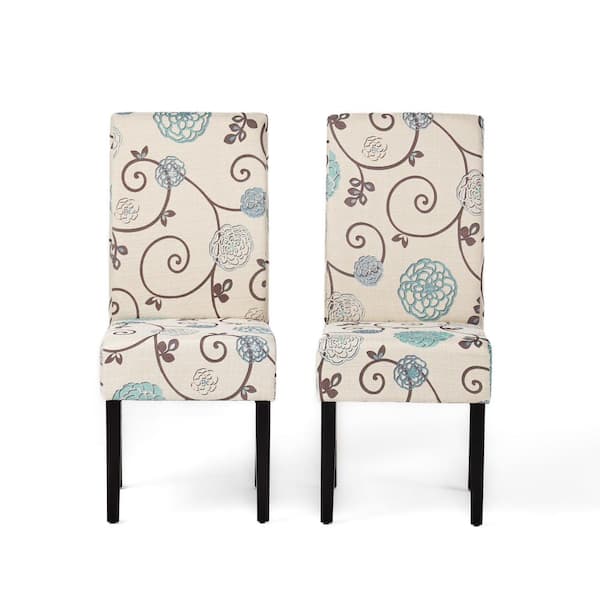 Noble House Pertica White and Blue Floral Fabric Dining Chairs (Set of 2)