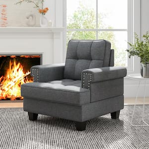 Gray Mid-century Modern Tufted Linen Accent Armchair