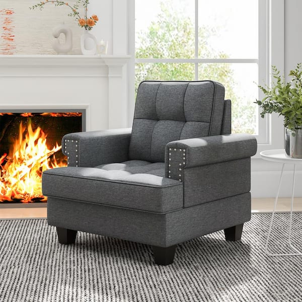 Gray Mid-century Modern Tufted Linen Accent Armchair