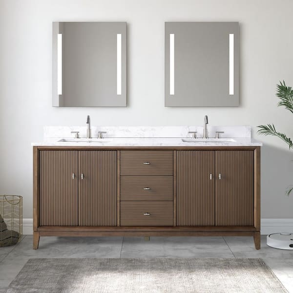 Vanity Art 72 in. W Double Sink Freestanding Walnut Bath Vanity Cabinet with Arabescato White Engineered Marble Top