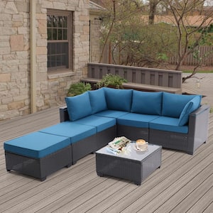 7-Piece Dark Gray Wicker Outdoor Sectional Sofa Set with Peacock Blue Cushions, Corner Chairs, Ottomans, Glass Top Table