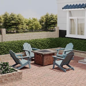 34.5 in. 5-Piece Metal Patio Fire Pit Set Fire Pit Table and Blue Adirondack Chairs with Cup Holder and Umbrella Holder