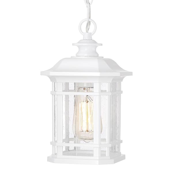 JAZAVA 11 in. 1-Light White Exterior Outdoor Pendant Light with Seed Glass and No Bulbs Included