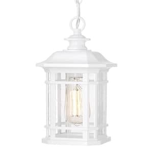 11 in. 1-Light White Exterior Outdoor Pendant Light with Seed Glass and No Bulbs Included