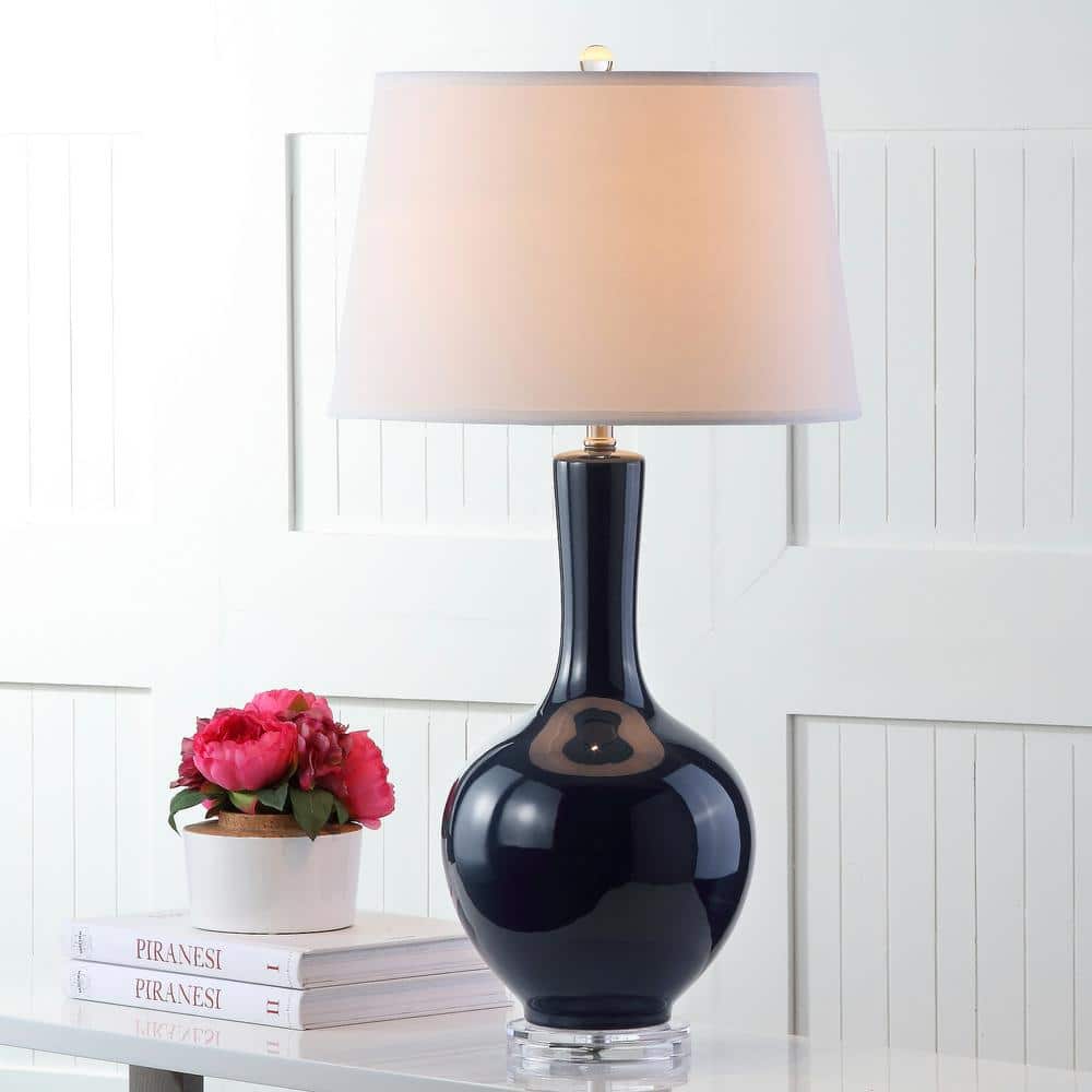 Blanche Navy Ceramic Table Lamp Set with White Cotton Shade