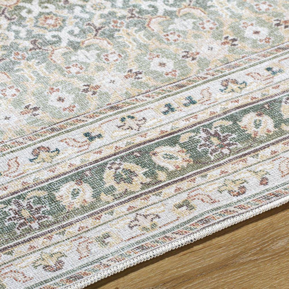 Green and Beige Polyester Low Pile Washable Runner Rug