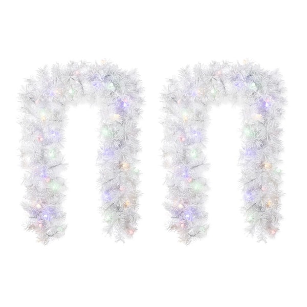 6 ft. Pre-Lit Snow Flocked White Pine Christmas Garland with 35 Warm White/Multi-Color LED Lights and Timer (Set of 2)