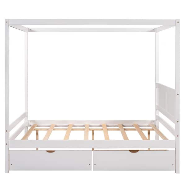 STICKON 79.5 in. W White Full Size Wood Frame Canopy Bed with 2 Drawers