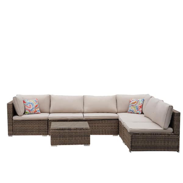 Unbranded 7-Piece Wicker Outdoor Sectional Set Woven Rattan Sofa Set with Brown Cushions