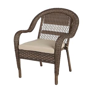Mix and Match Stackable Brown Wicker Outdoor Patio Lounge Chair with Beige Cushion