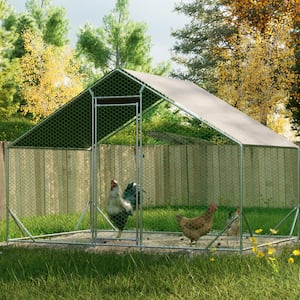 10' L x 6.6' W x 6.56' H, Metal Chicken Coop, Walk-In with Waterproof Cover, Lockable, Pointed Roof, White