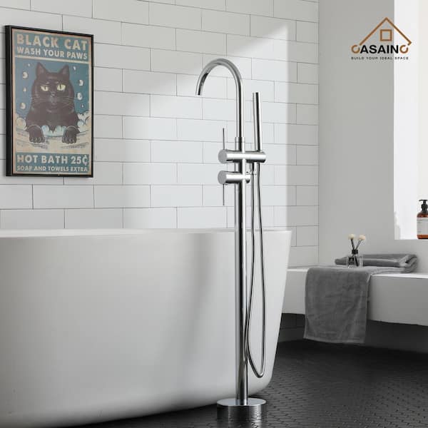 2-Handle Residentail Freestanding Bathtub Faucet with Hand Shower in Chrome