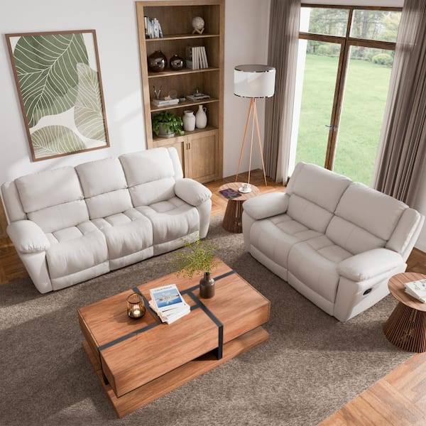 Furniture of America Loure 2-Piece Off White Leather Match Reclining Living Room Set with Pillow Top Arms and Adjustable Headrest