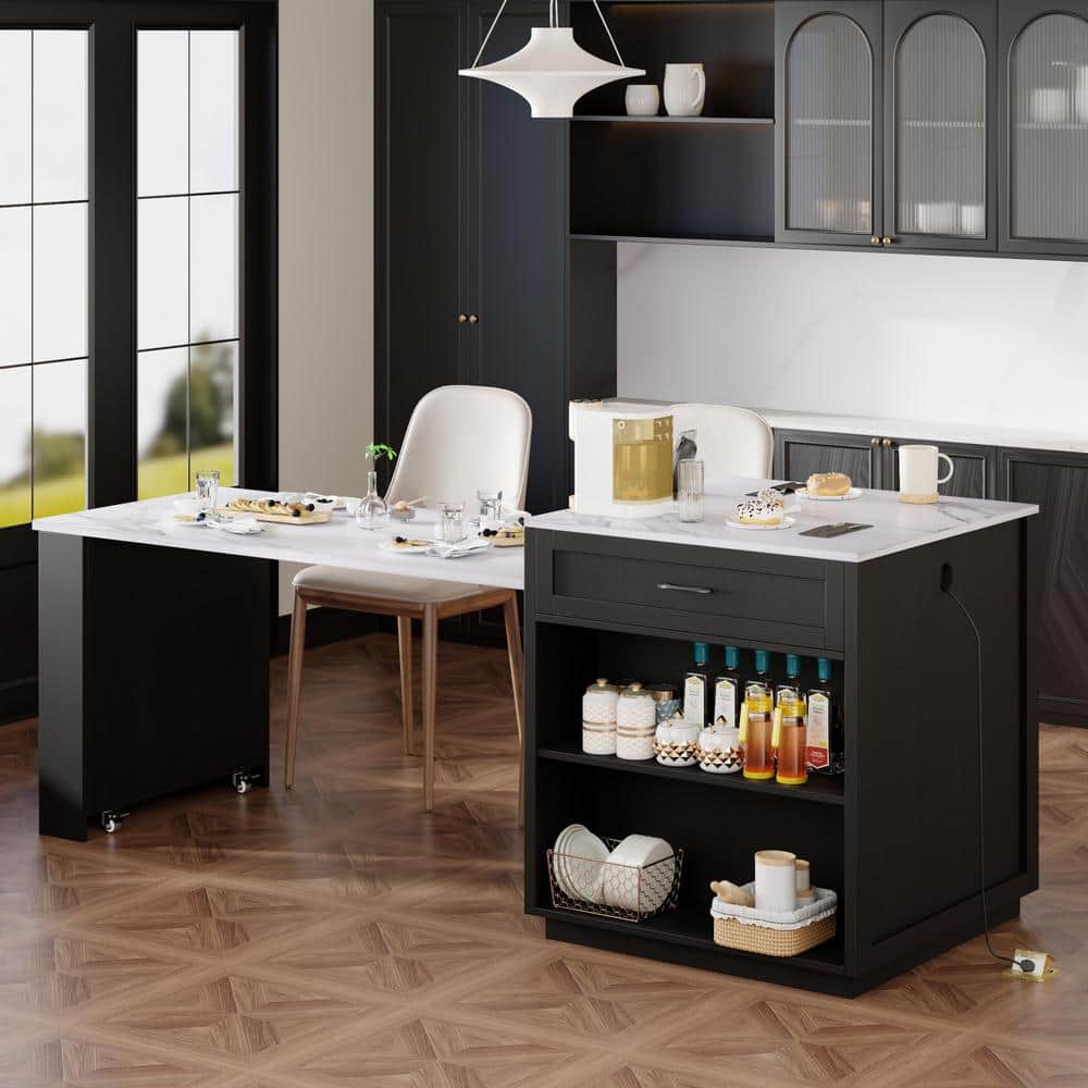 Black Wood 82.7 in. Kitchen Island with Extendable Dining Table, Power Outlets, 2-Drawers, Shelves, Chairs Not Included