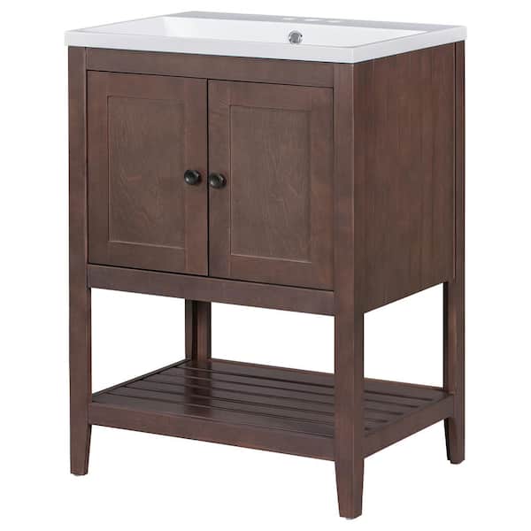23.70 in. W x 17.80 in. D x 33.60 in . H Modern Bathroom Vanity in Brown with Ceramic Sink Top and Solid Wood Frame
