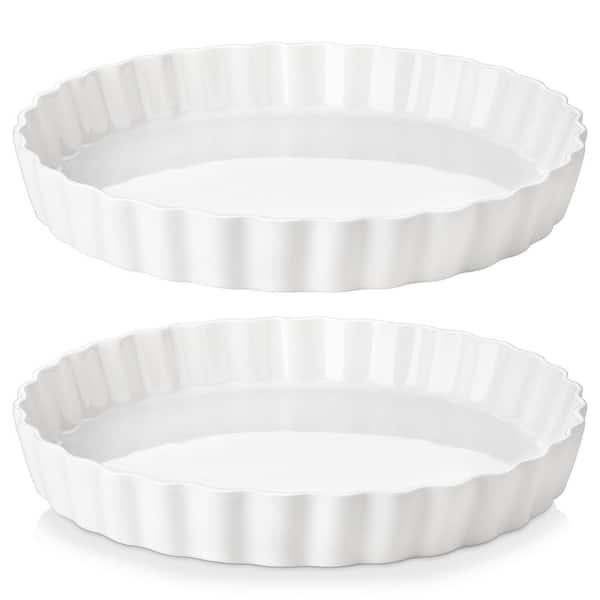 2-Piece Round Porcelain Pie Baking Dish Set, Ceramic Nonstick Quiche Pan with Ruffled Edge, Oven Safe