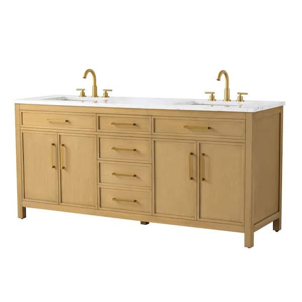 Logan 72 in. W Bath Vanity in Sand with Engineered Stone Top in Carrara White with White Sinks