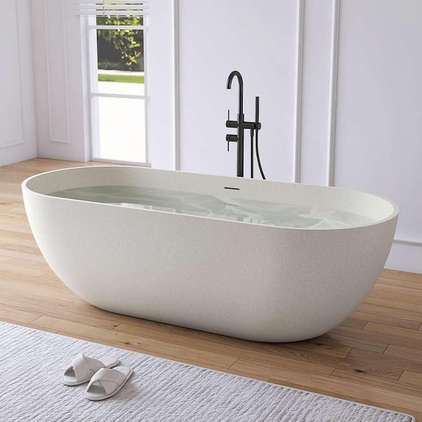 Ariana 69 in. x 29.5 in. Stone Resin Solid Surface Freestanding Soaking Bathtub in Off White with Terrazzo Texture