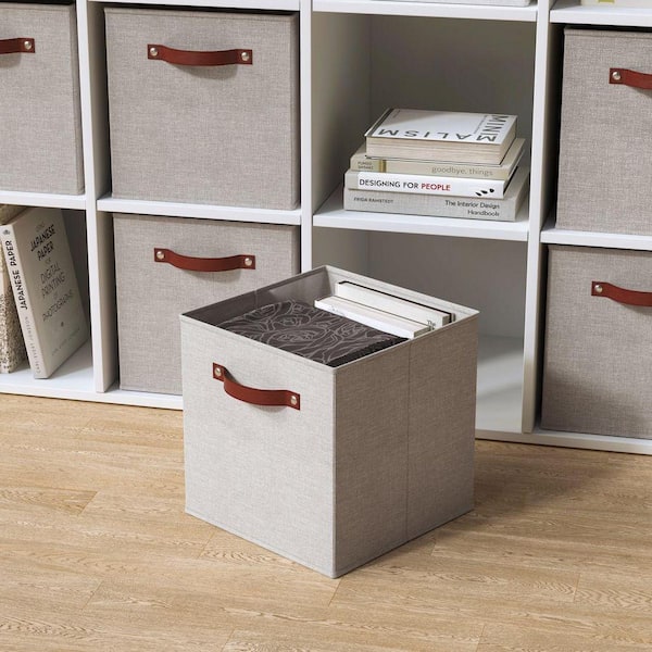 Snap-on STACKING CUBE BOX （Brown White） Ornavo Home Beige 13 in. x 13 in. x 13 in. Linen Fabric Decorative