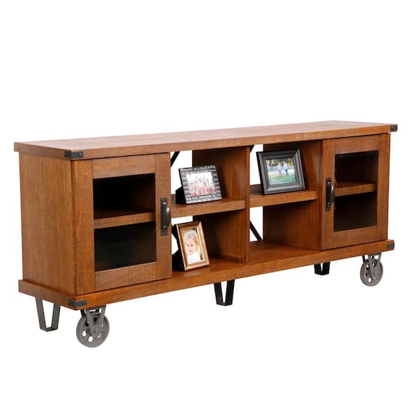 OS Home and Office Furniture Industrial Collection 72 in. Hewn Pallet Wood TV Stand Fits TVs Up to 72 in. with Storage Doors