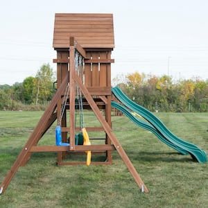 KnightsBridge Deluxe Complete Wooden Outdoor Playset with Slides, Swings and Backyard Swing Set Accessories