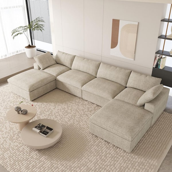 J&E Home 160.6 in. W Square Arm Linen U-Shaped 6-Pieces Modular Free Combination Sofa with Storage Ottoman in Brown