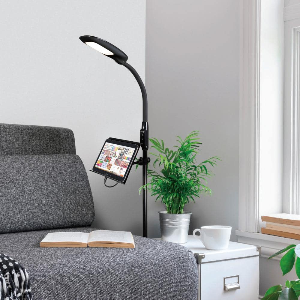 Adjustable Black LED Floor Lamp with USB Charging and Tablet Stand