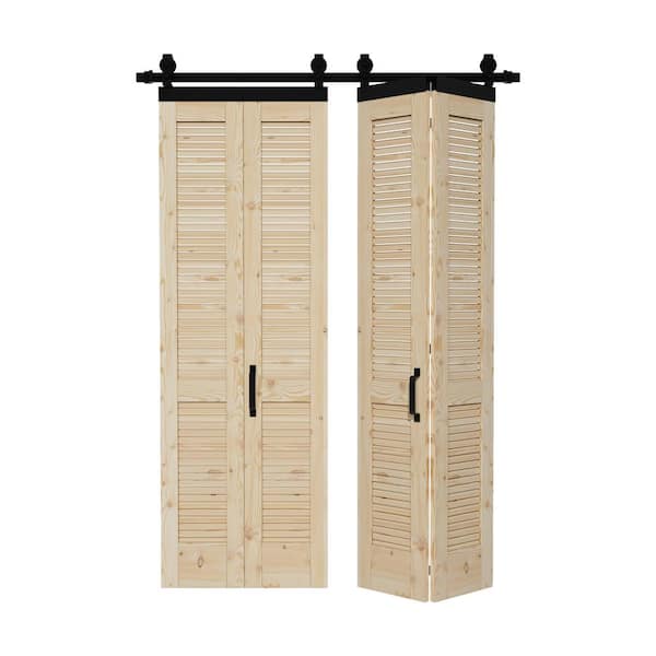 ARK DESIGN 56 in. x 84 in. Unfinished Solid Core Pine Wood Louver Bi-Fold Sliding Barn Door with Hardware Kit