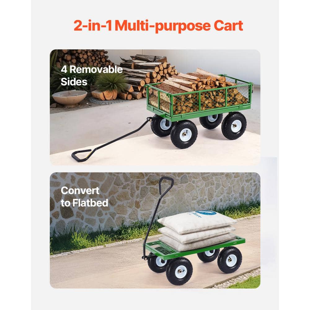 Green Heavy-Duty Steel Garden Cart with Rubber Tires