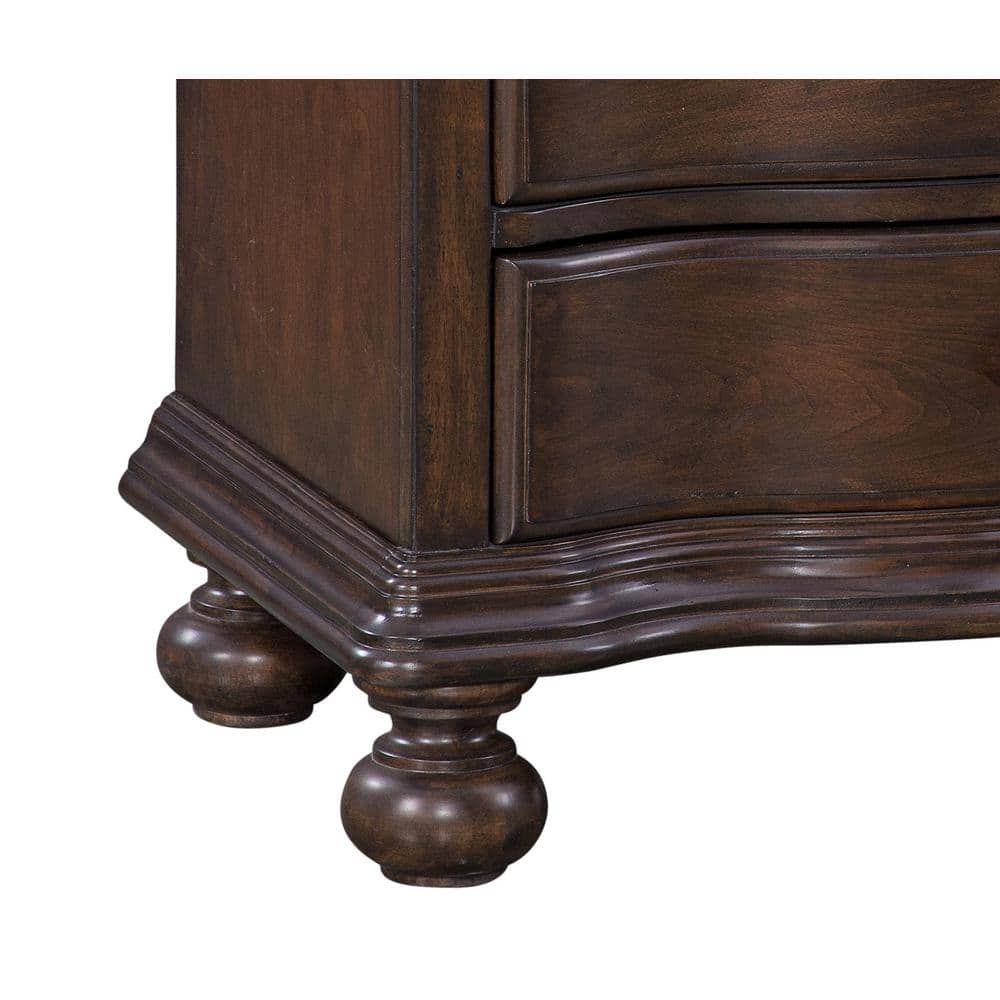 Tobacco Brown Wooden Nightstand with Sculpted Wave Front - 3 Drawers