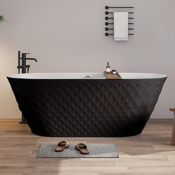 67 in. x 31.5 in. Acrylic Soaking Diamond Pattern Freestanding Bathtub with Chrome Drain in Gloss Black