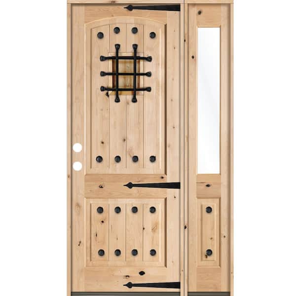 Krosswood Doors 50 in. x 96 in. Mediterranean Knotty Alder Arch Unfinished Right-Hand Inswing Prehung Front Door Right Half Sidelite