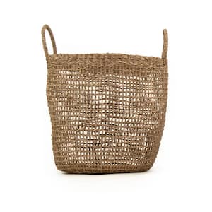 Cylindrical Sparsely Hand Woven Seagrass Large Basket with Handles