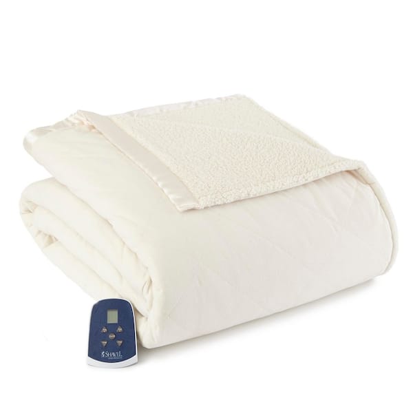 Micro Flannel Sherpa Reverse Full Ivory Electric Heated Blanket