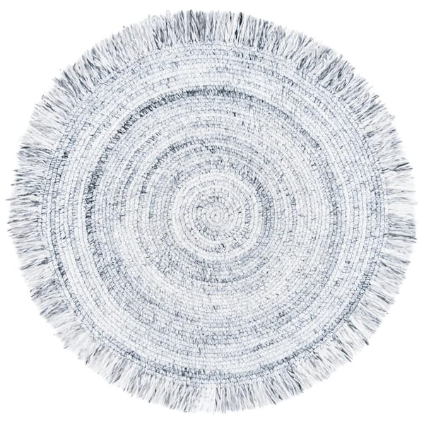Braided Light Gray Doormat 3 ft. x 3 ft. Abstract Striped Round Area Rug