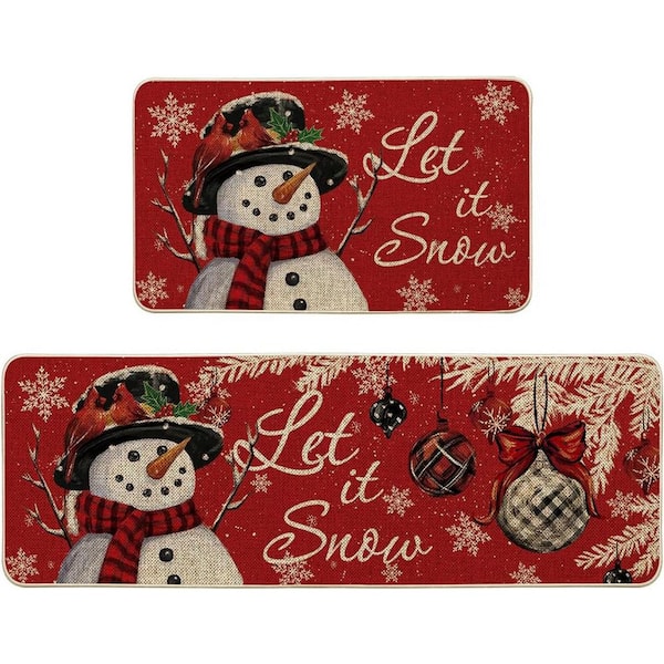 Snowman Christmas Indoor Kitchen Mats Set of 2 Red (17 in. x 29 in. + 17 in. x 47 in. )