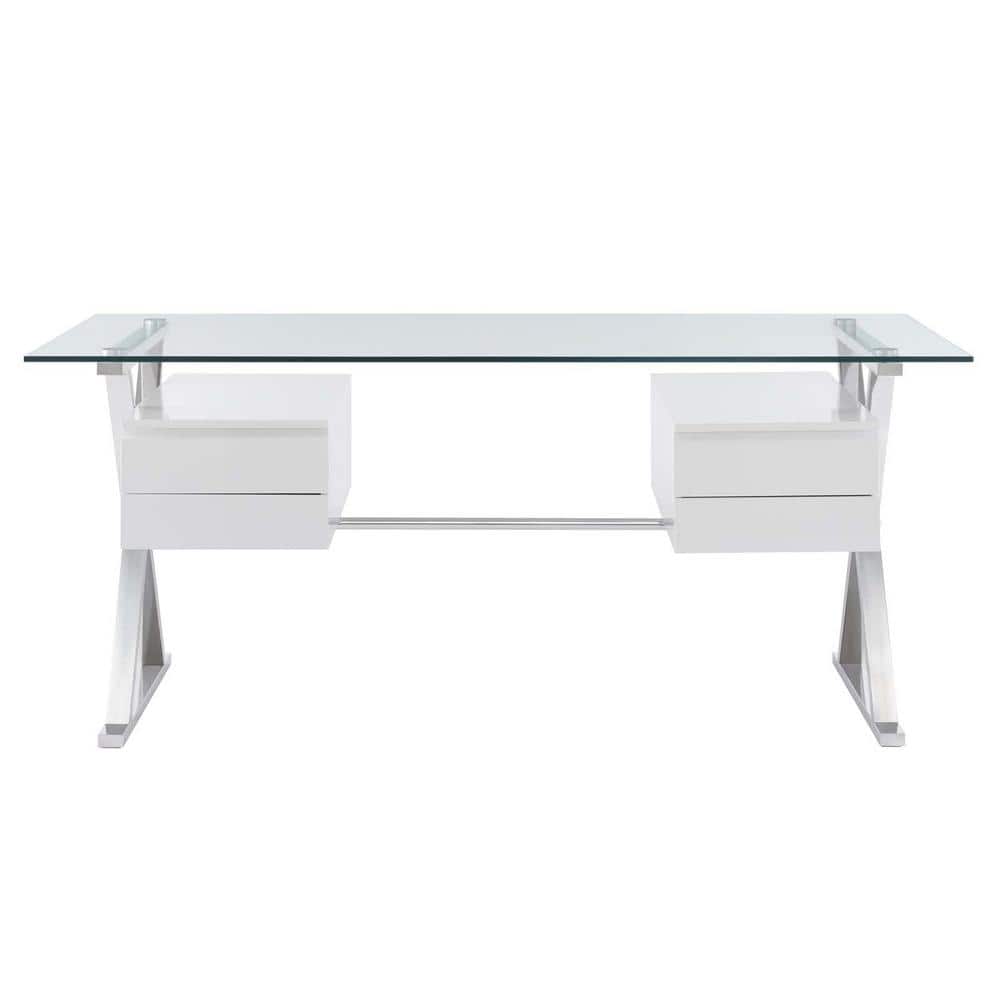 Elegant 71" White Glass Desk with Floating Drawers & Steel Frame