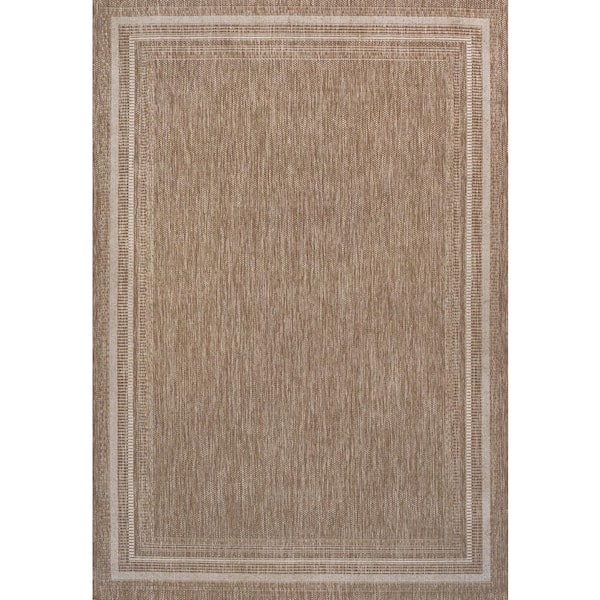 Lido Traditional Casual Pinstripe Border Beige/Cream 5 ft. x 8 ft. Indoor/Outdoor Area Rug