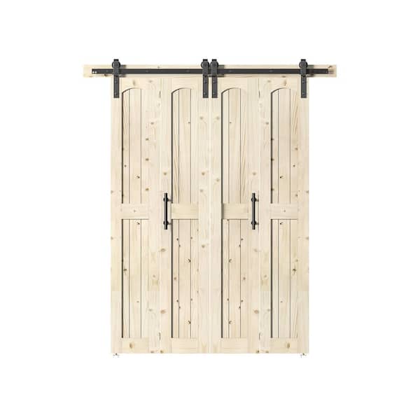 SANDING Assembled Arch Top 60 in. x 84 in. Solid Core Unfinished Knotty Pine Wood Double Bi-fold Door with Hardware Kit