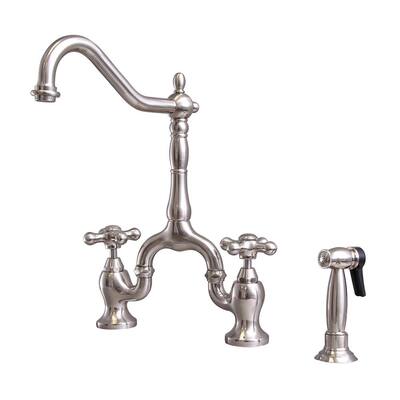Carlton Two Handle Bridge Kitchen Faucet with Cross Handles in Brushed Nickel