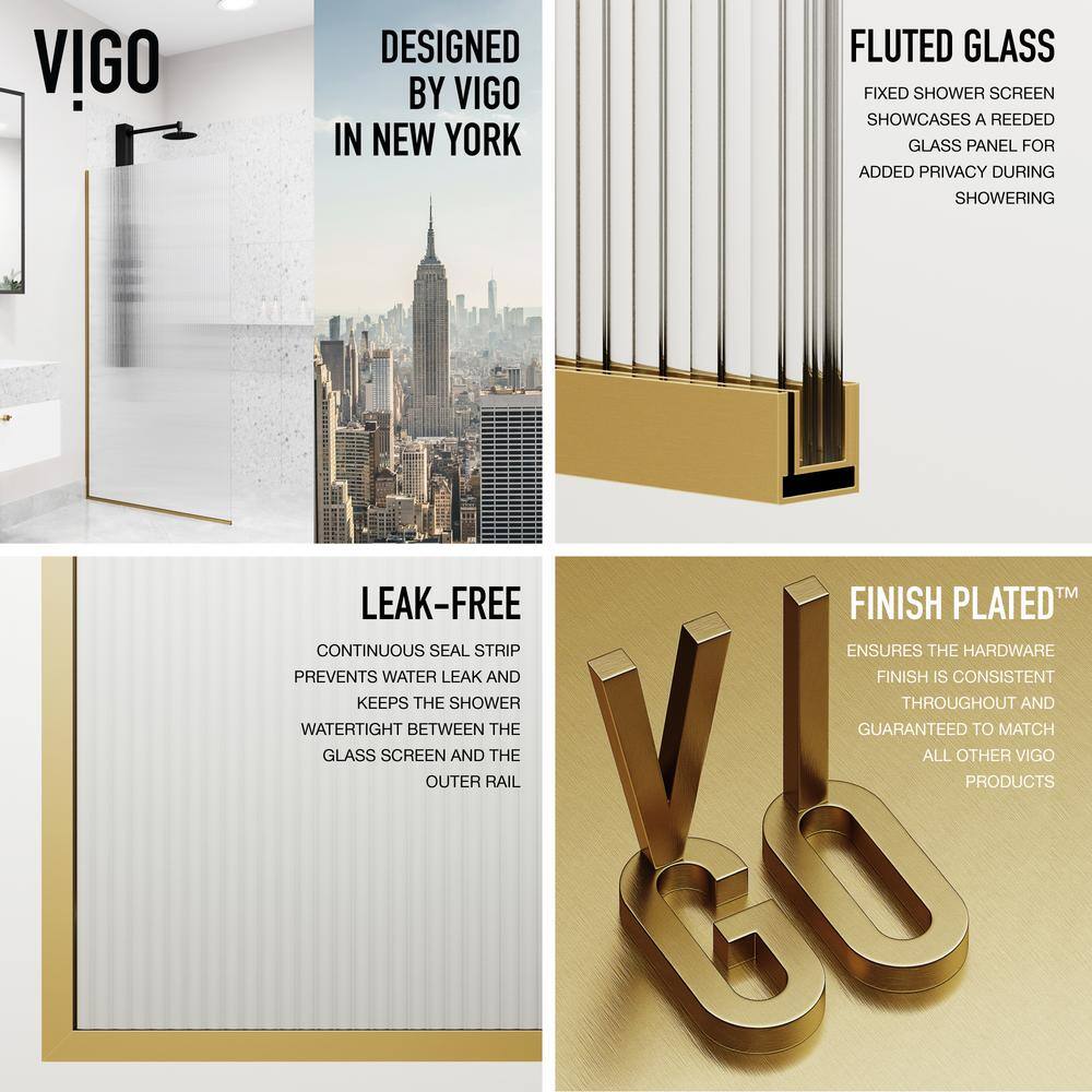 Zenith 34" Matte Gold Frameless Fluted Glass Shower Screen