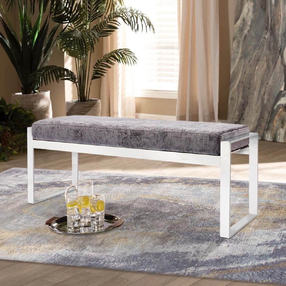 Gray Velvet Upholstered Bench with Stainless Steel Legs
