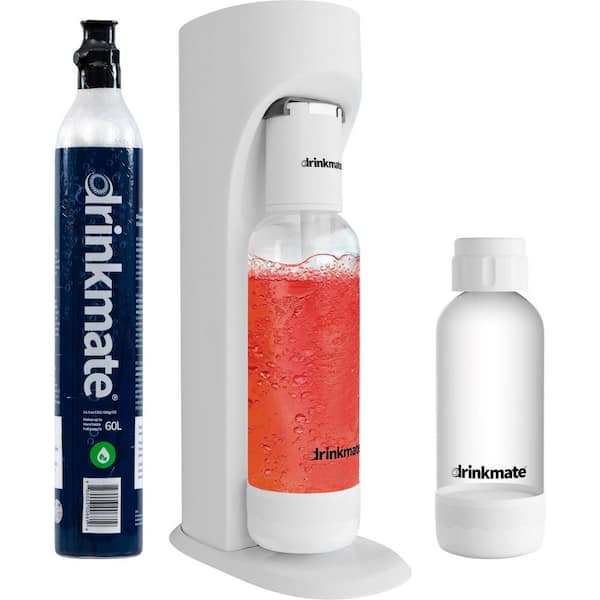 DrinkMate White Sparkling Water and Soda Maker Machine Special Bundle with 1 60L CO2 Cartridge and 1 .5L Bottle