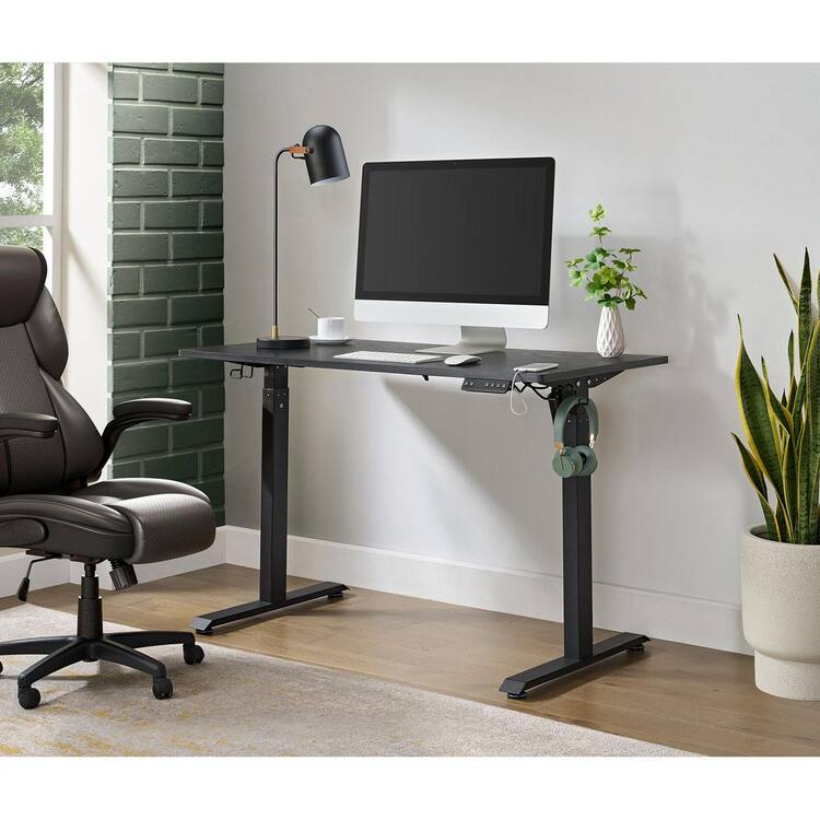 Picket House Furnishings Torres 47 in. Rectangular Black Wood Desk with Adjustable Height, Cable Management and USB Port