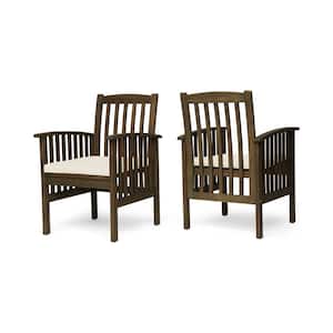 2-Piece Grey Wood Outdoor Dining Chair with Beige Cushions