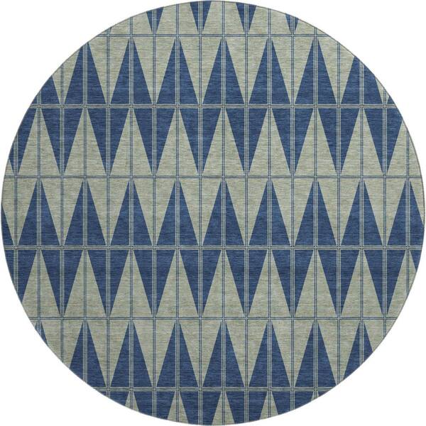 Mayfield Premium Machine Washable Abstract AMF2415 Navy 8 ft. x 8 ft. Round Rug