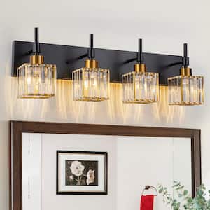 26 in. 4 Lights Black And Gold Dimmable Bathroom Vanity Light with Crystal Shades