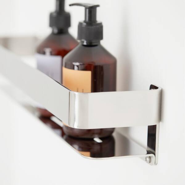 Floating Rectangular Shower Shelf with Rail and Natural Teak Wood