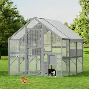 43 sq. ft. Large Wooden Outdoor Cat House, Cat Run Enclosure Walk in Cat Catio Kitten Condo with Enter Door, Roof Cover