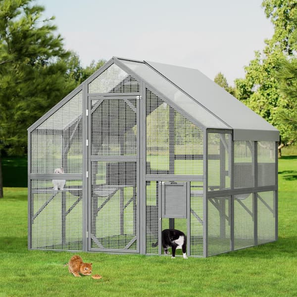 43 sq. ft. Large Wooden Outdoor Cat House, Cat Run Enclosure Walk in Cat Catio Kitten Condo with Enter Door, Roof Cover